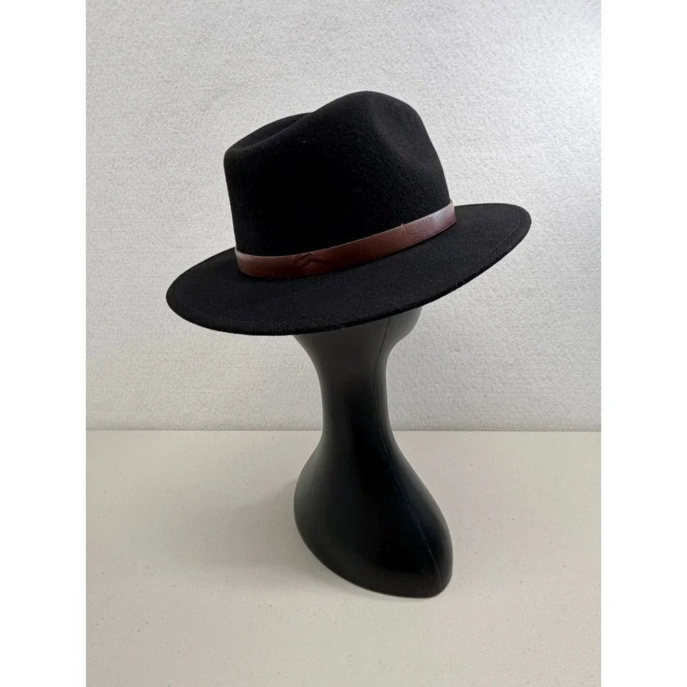 Brixton Messer Black Wool Felt Fedora Hat Brown Faux Leather Band Size S 56cm